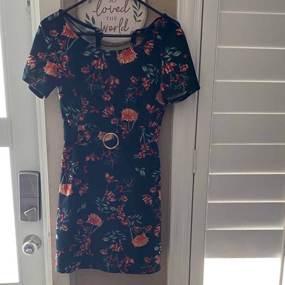 B Darlin Black Mini Dress with Orange Floral Print and Ring Belt